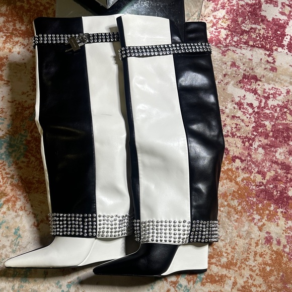 Azalea Wang Shoes - Chic Black and White Studded Over the Knee Boots